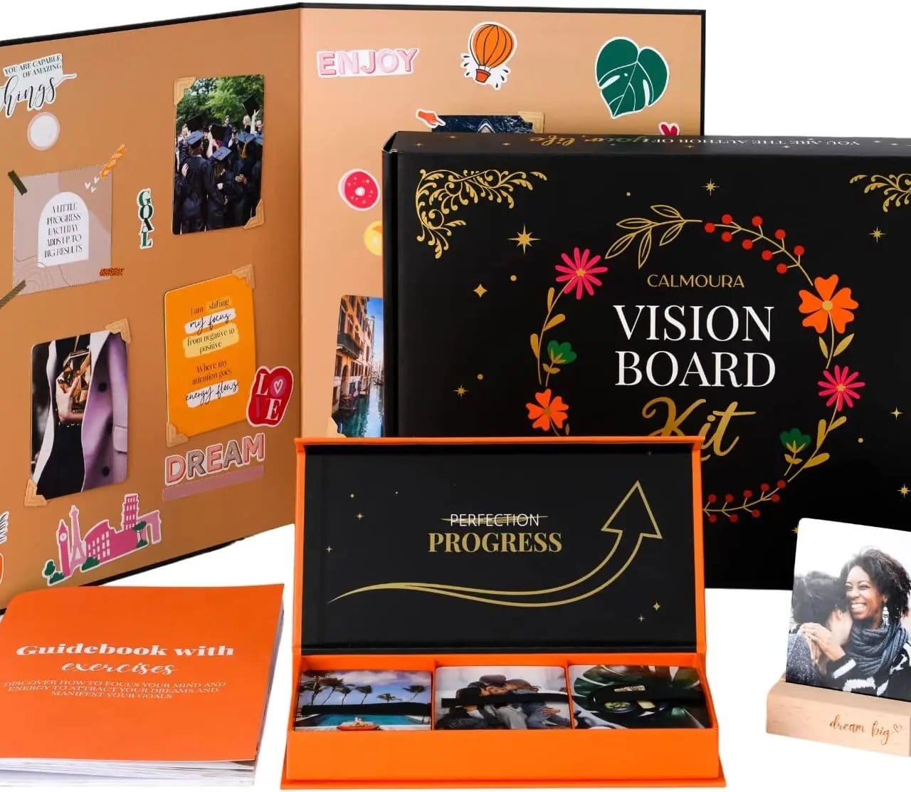 Calmoura Vision Board Kit for Beginners (100 Cards, 1 Card Box, 1 Guidebook & Exercises, 4 Vision Board Stickers, Washi Sheets, & More)