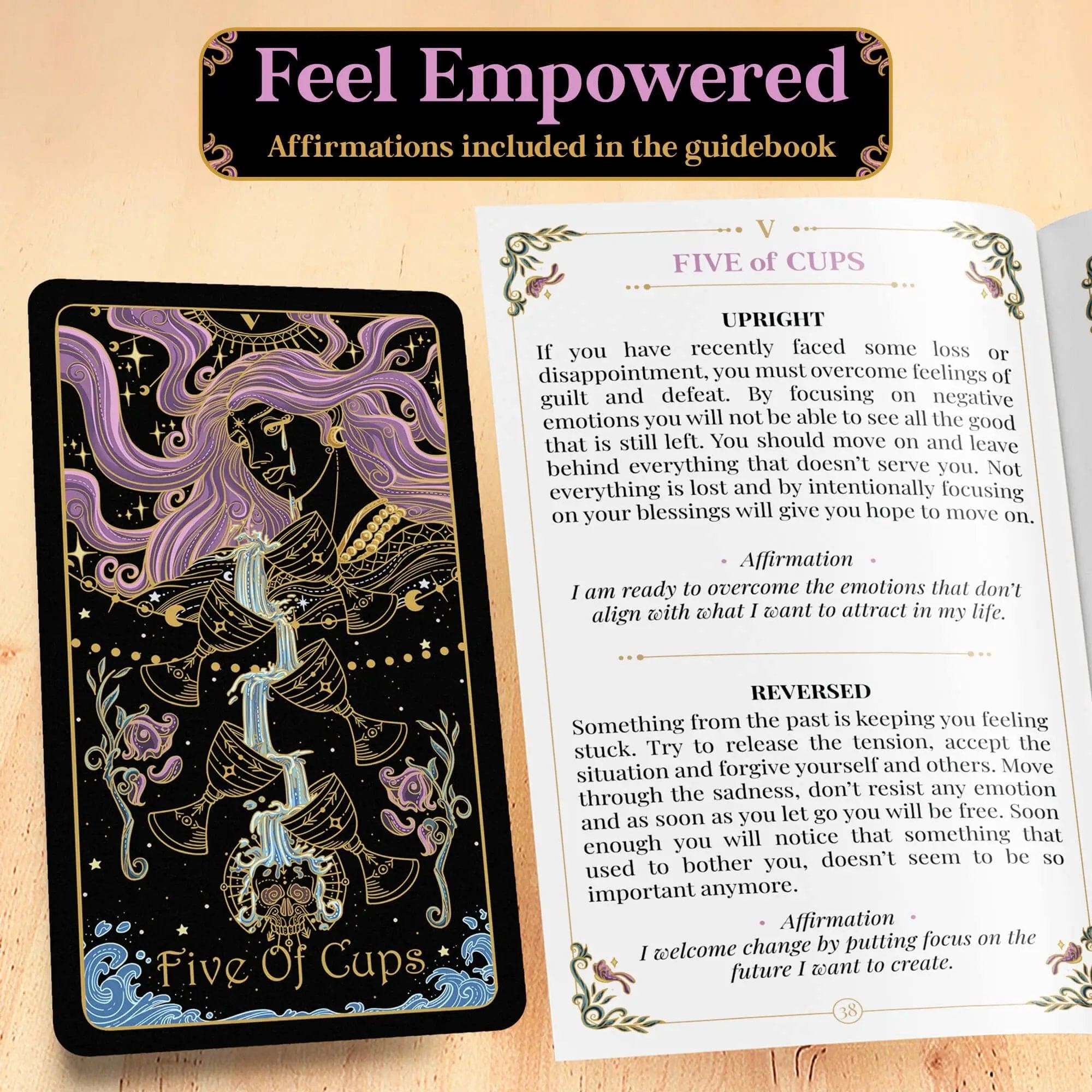 Calmoura Tridevia Golden Foil 78-Card Tarot Deck with Enlightening Affirmations in a Luxury Collector’s Box