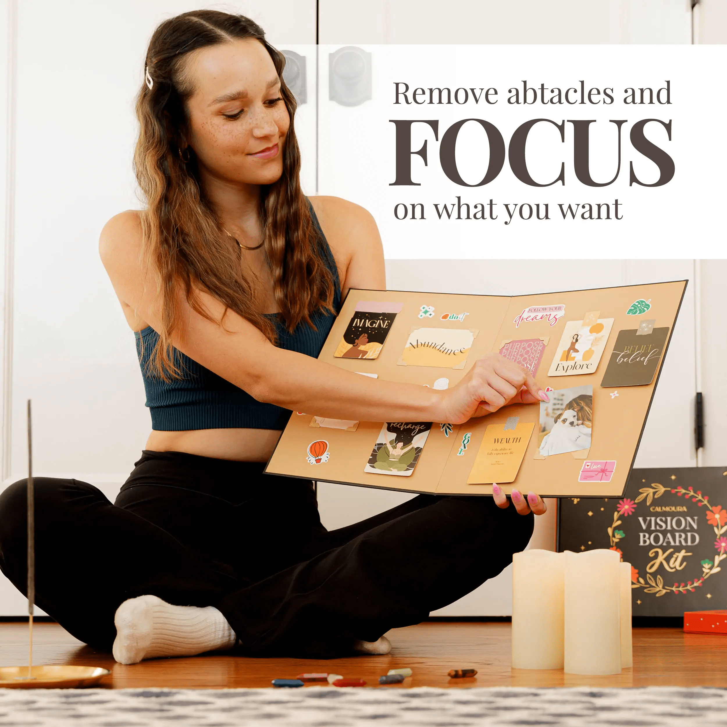 Calmoura Vision Board Kit for Beginners (100 Cards, 1 Card Box, 1 Guidebook & Exercises, 4 Vision Board Stickers, Washi Sheets, & More)