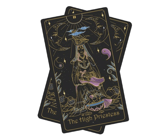 Detailed illustration of The High Priestess tarot card with symbols like the pillars, scroll, and crescent moon highlighted.